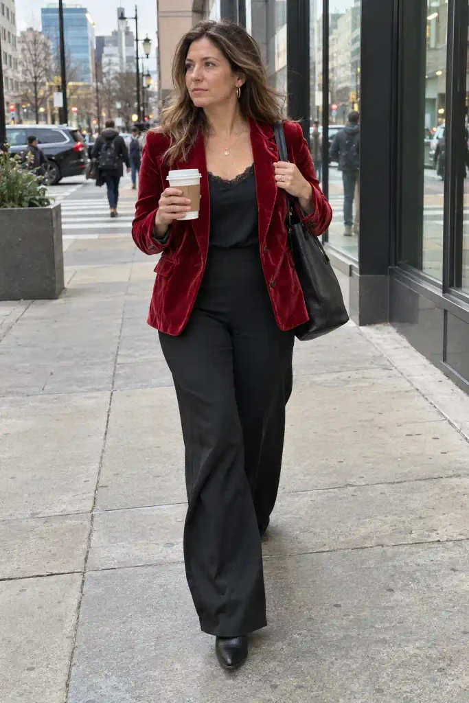 Red velvet blazer over everything