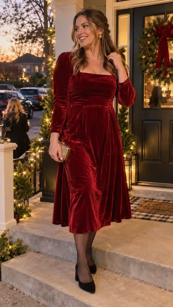 Red velvet midi dress