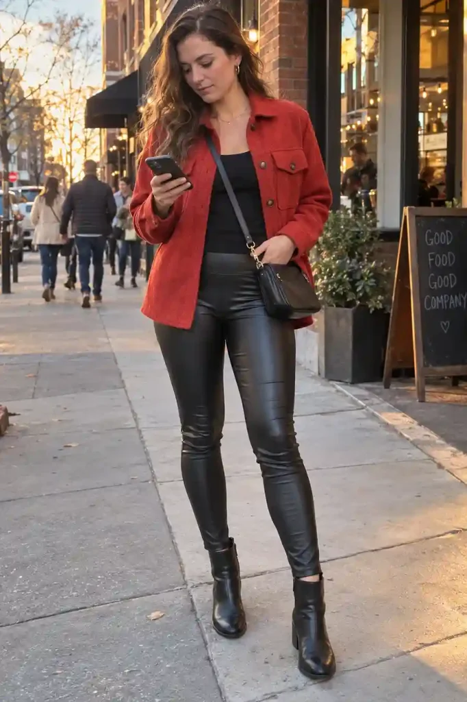 Tomato red shacket over black tank, leather leggings and ankle boots.