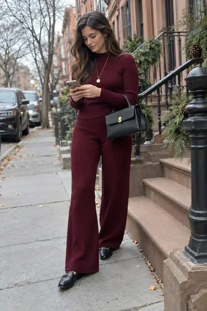 Ribbed knit set in deep burgundy