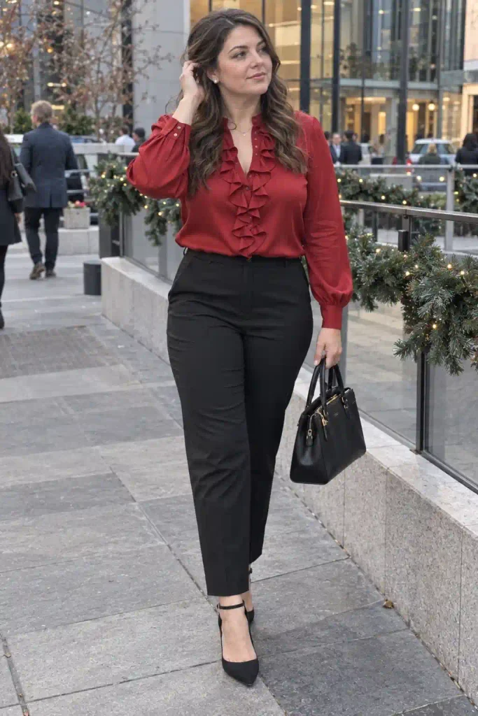 Ruffle blouse with tailored trousers