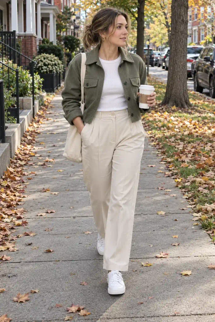  Sage cropped shacket with white tee and cream pleated trousers