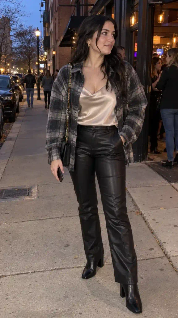Satin cami and faux leather pants