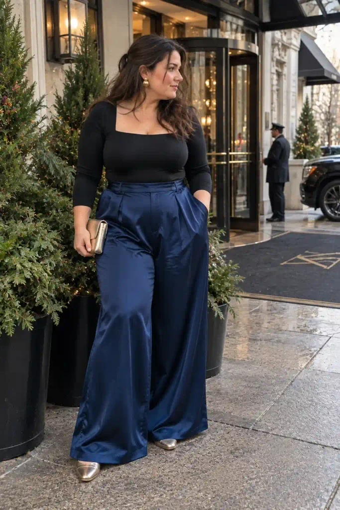 Satin palazzo pants and a bodysuit