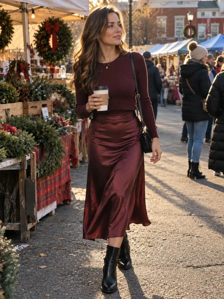 Satin slip skirt with a fitted knit
