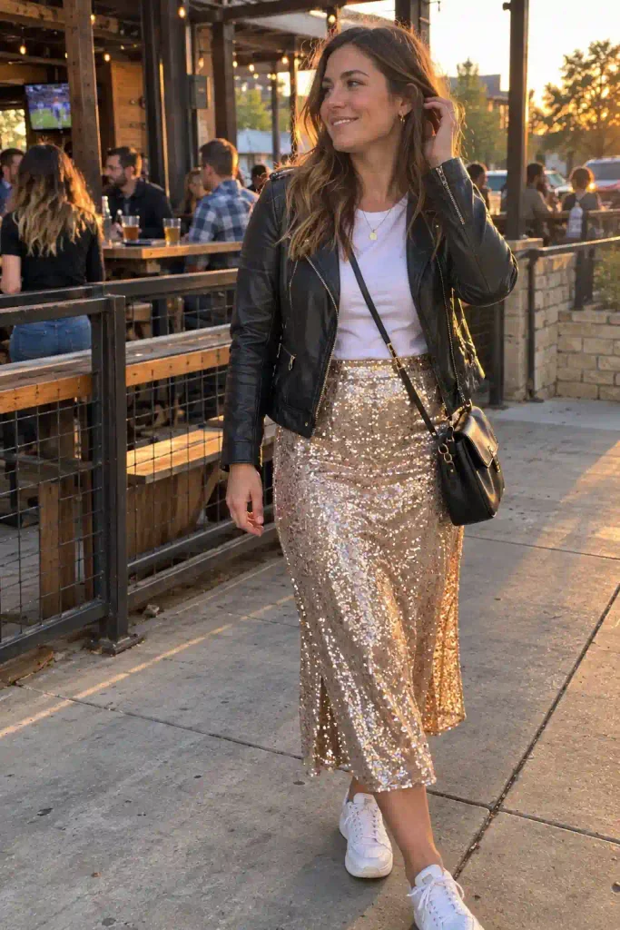 Sequin skirt with a plain white tee