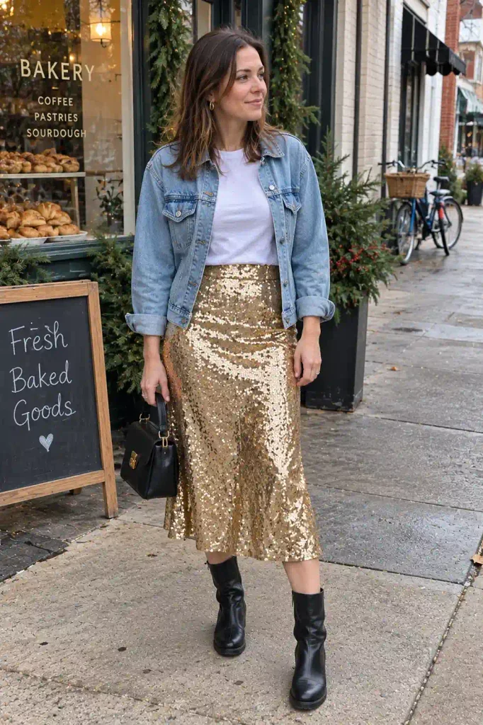 Sequin skirt with a plain white tee