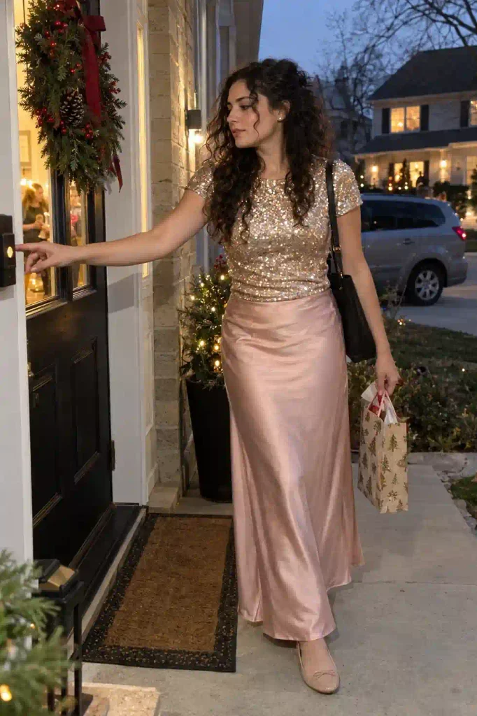 Sequin top and satin skirt