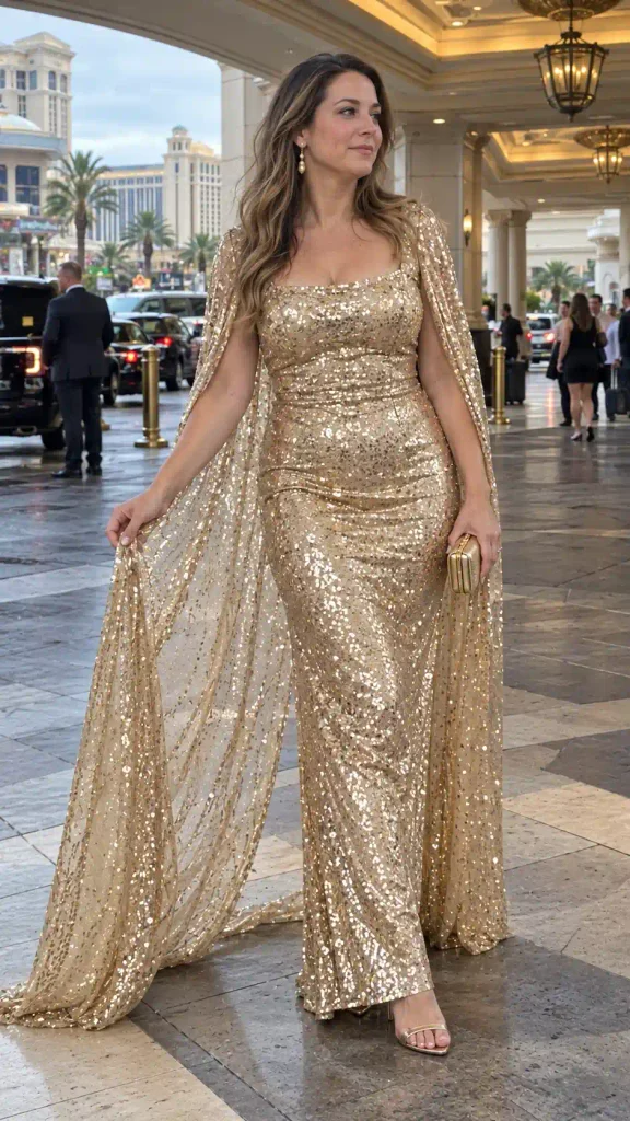 Sequined column gown with a cape