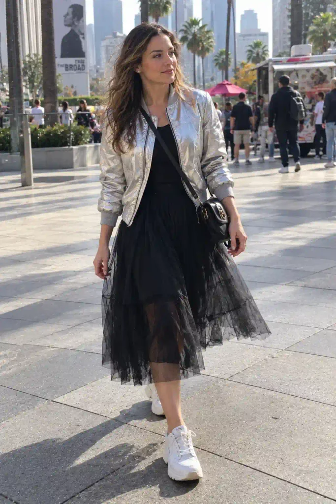 Silver bomber with a tulle skirt