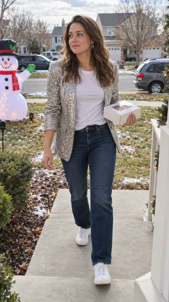 Silver sequin blazer over a white tee and jeans