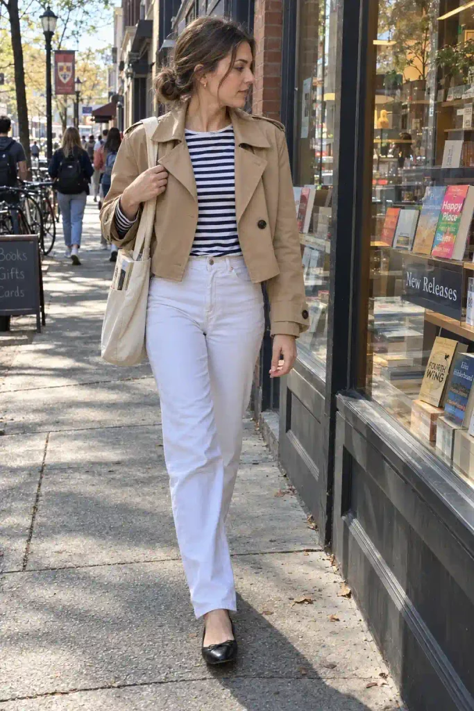 Striped Breton top and white jeans