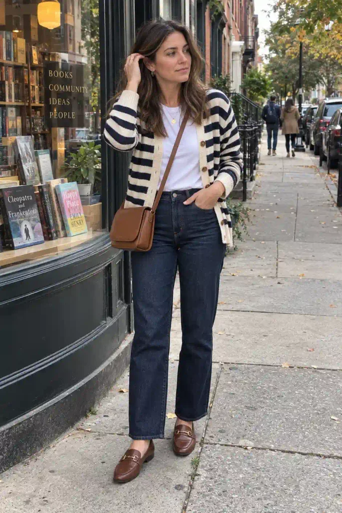 Striped cardigan with solid dark jeans