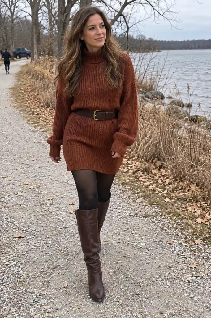 Sweater dress with knee-high boots