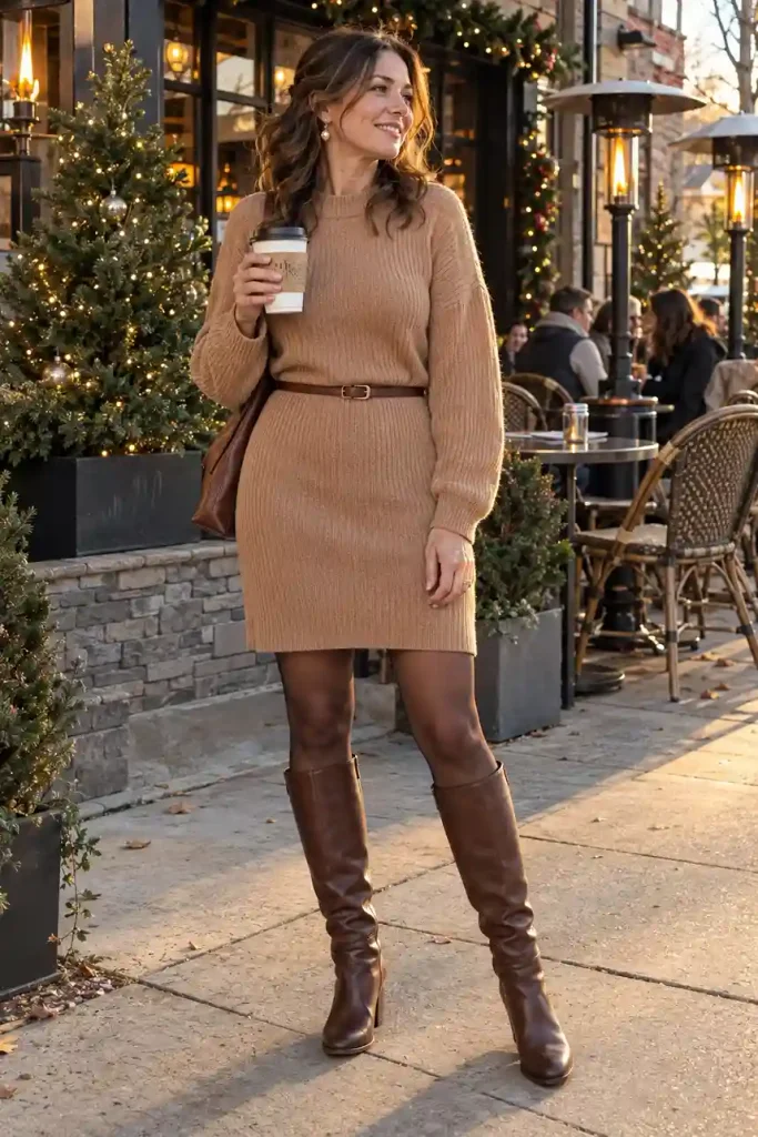 Sweater dress with tall boots