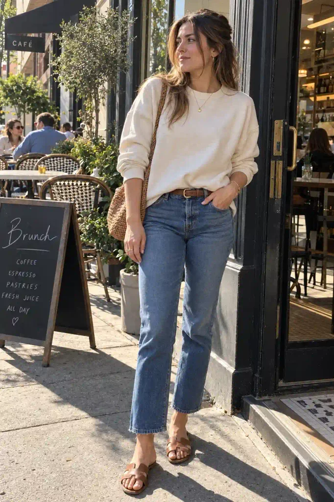 Sweatshirt tucked into jeans with a belt