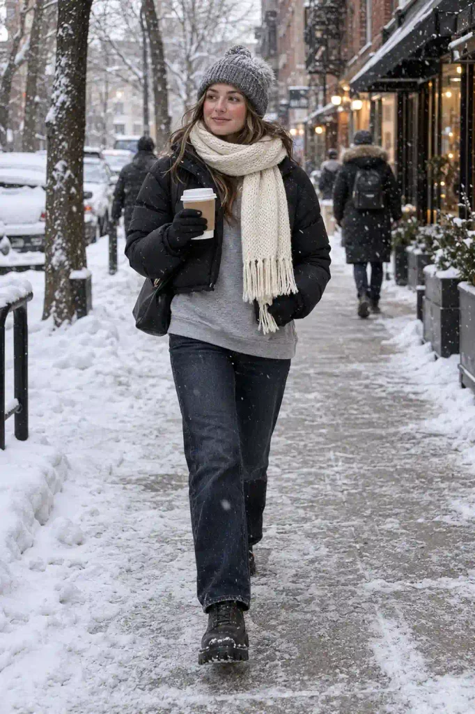 Sweatshirt under a puffer jacket
