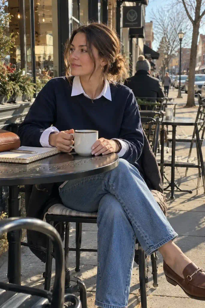 Sweatshirt with a collared shirt underneath