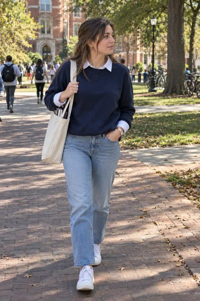 Sweatshirt with a collared shirt underneath