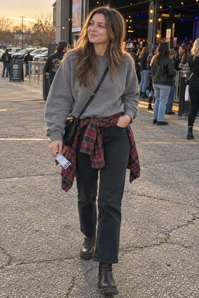 Sweatshirt with a flannel tied at the waist
