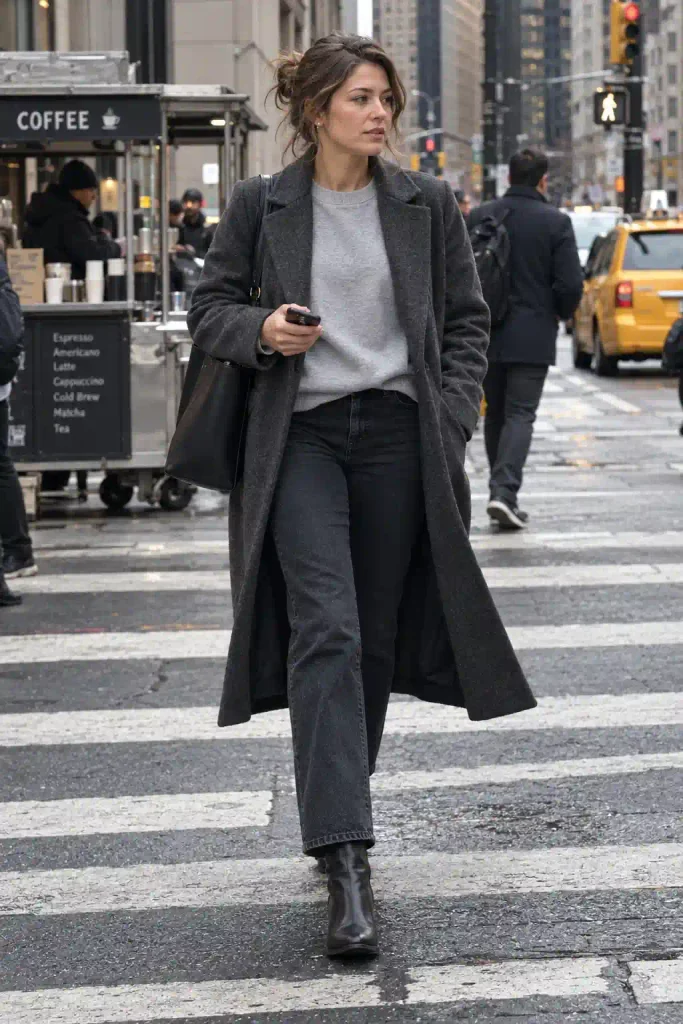 Sweatshirt with a long wool coat
