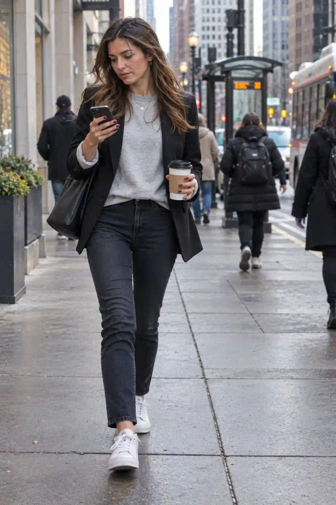 Sweatshirt with blazer and jeans