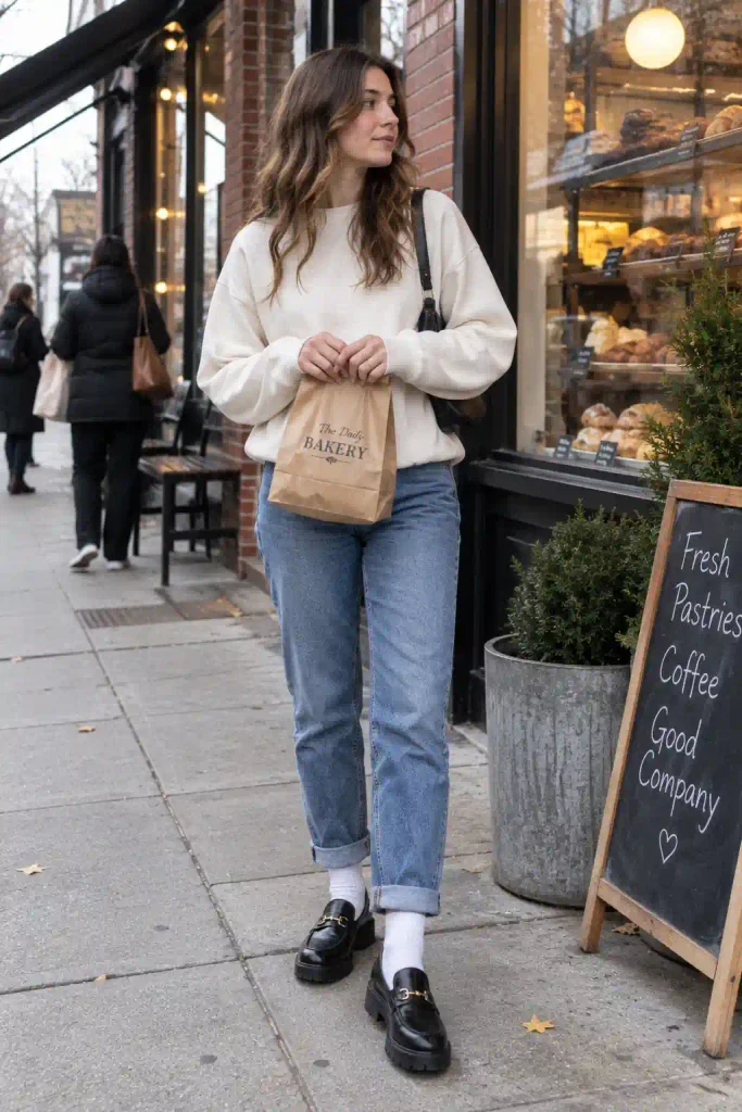 Sweatshirt with loafers and cuffed jeans