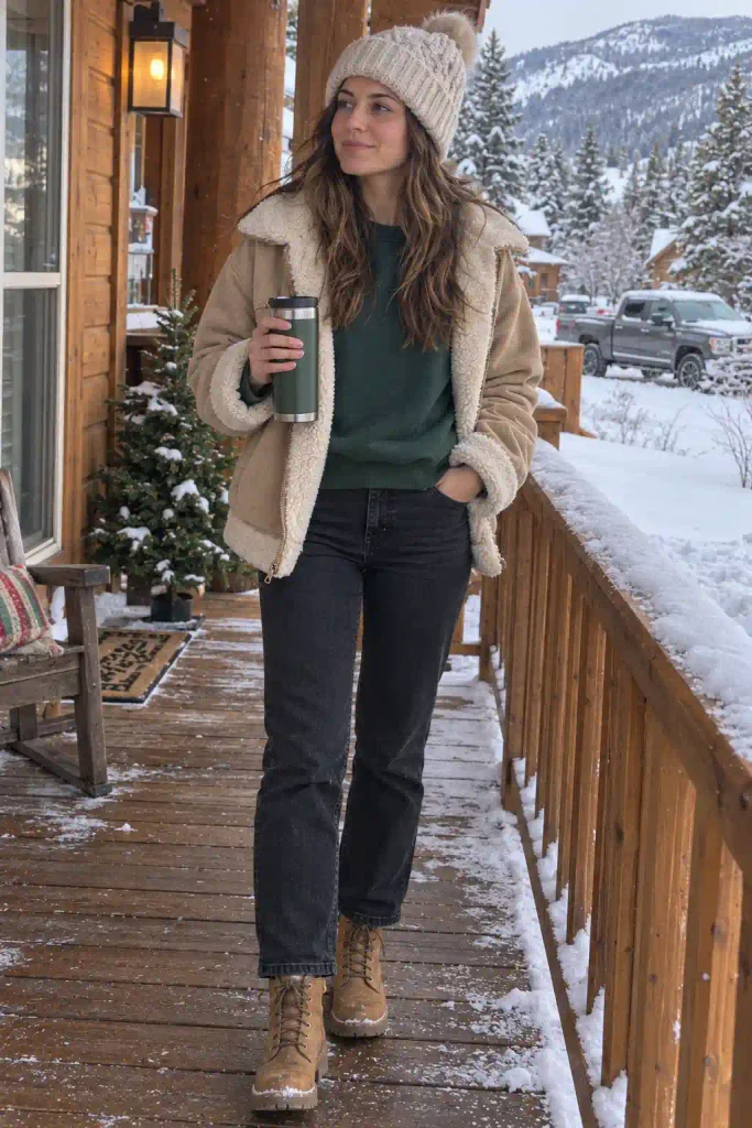 Sweatshirt with sherpa jacket and jeans