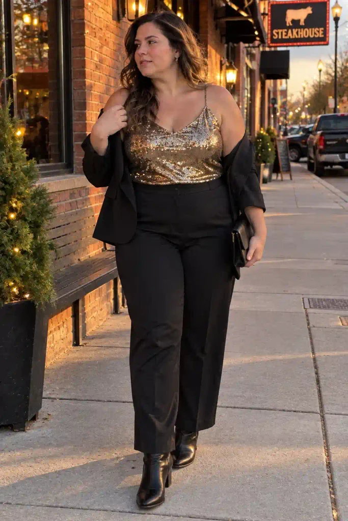 Tailored black trousers with a sequin top