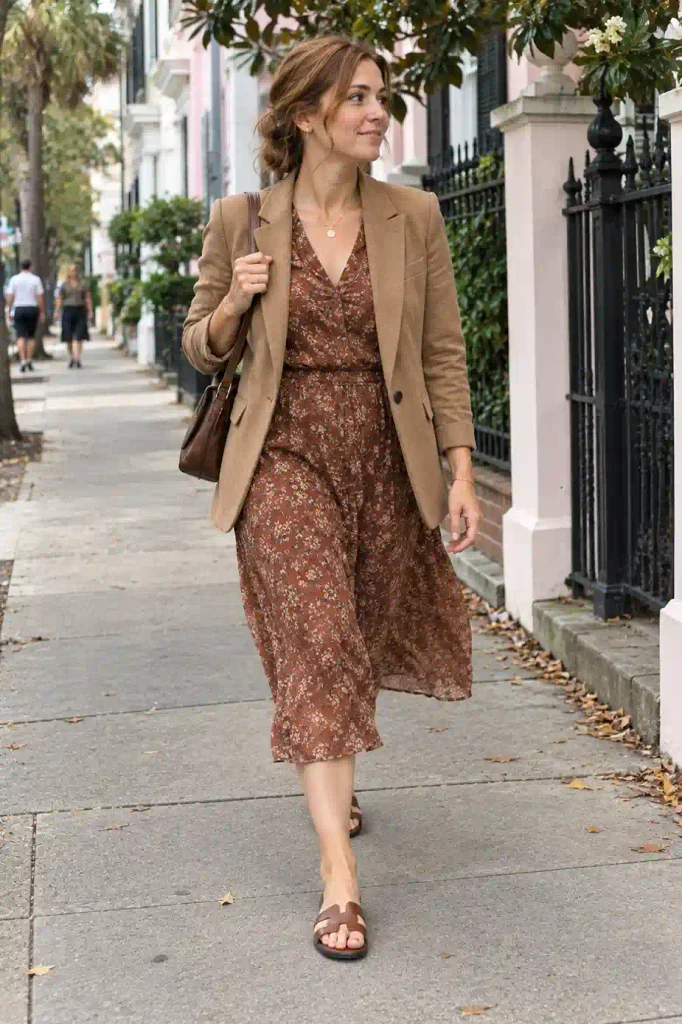 Tan blazer over a floral midi dress