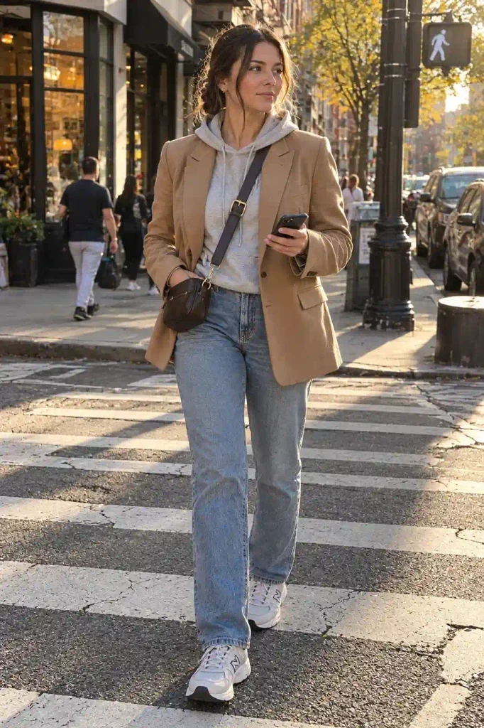 Tan blazer over a gray hoodie