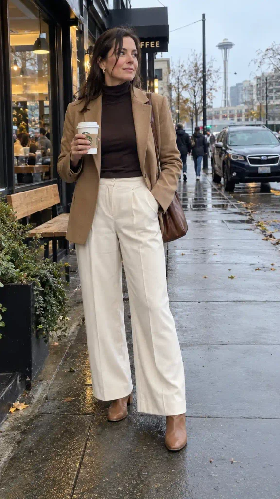 Tan blazer with a chocolate turtleneck