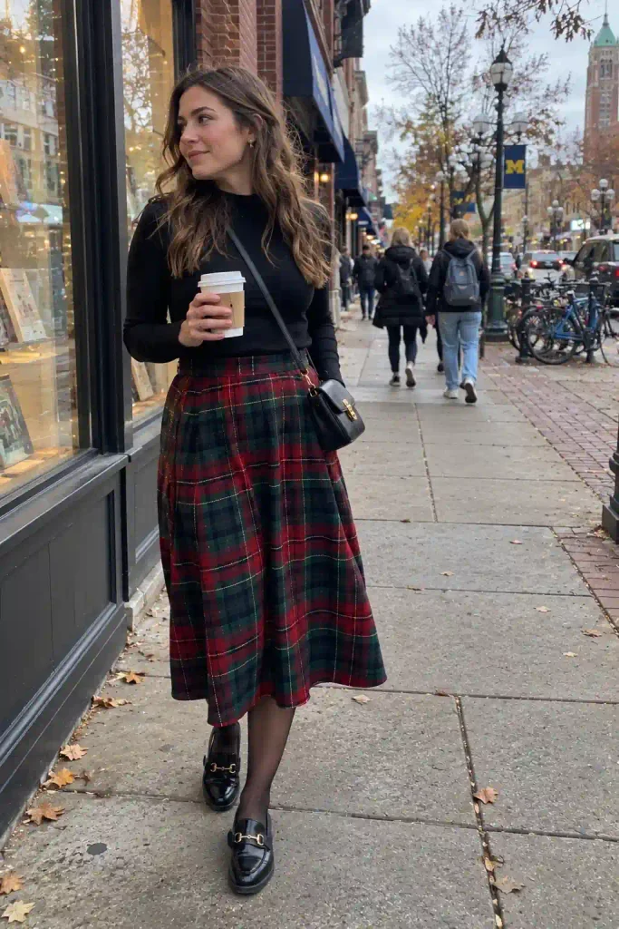 Tartan skirt with a black bodysuit