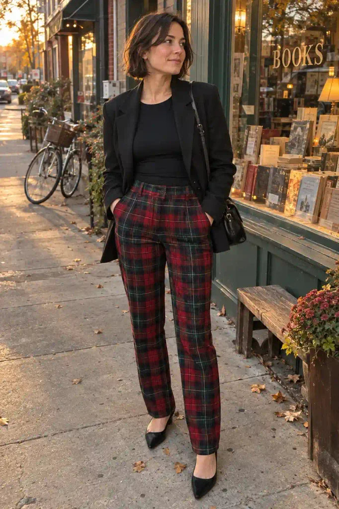 Tartan trousers with a black bodysuit
