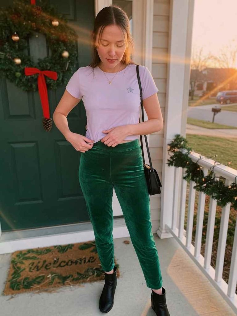Tee tucked into velvet trousers