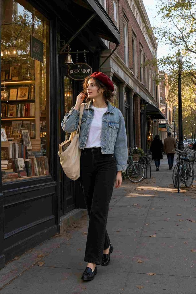Tee with a denim jacket and red beret