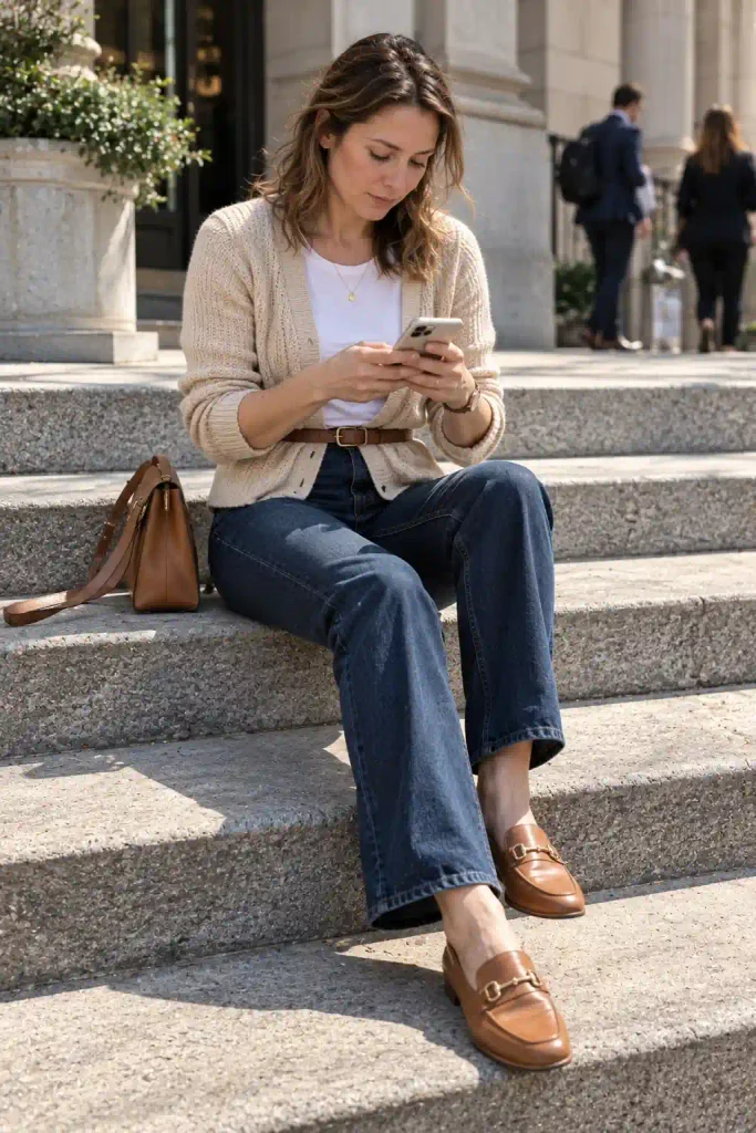 The belted cardigan with trouser-style jeans