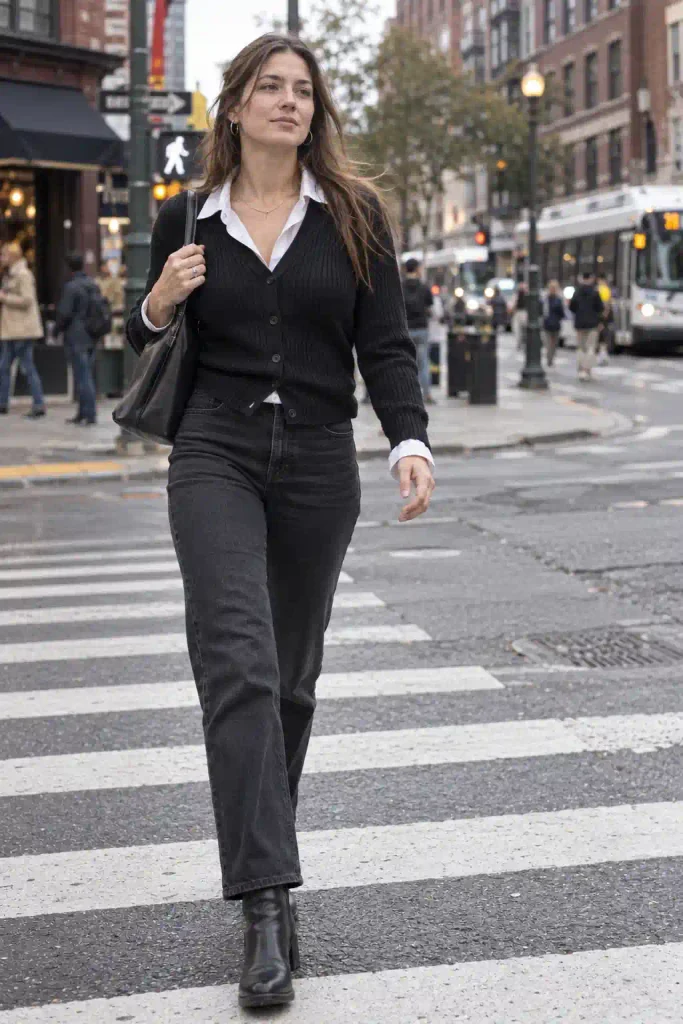 The black cardigan with black jeans