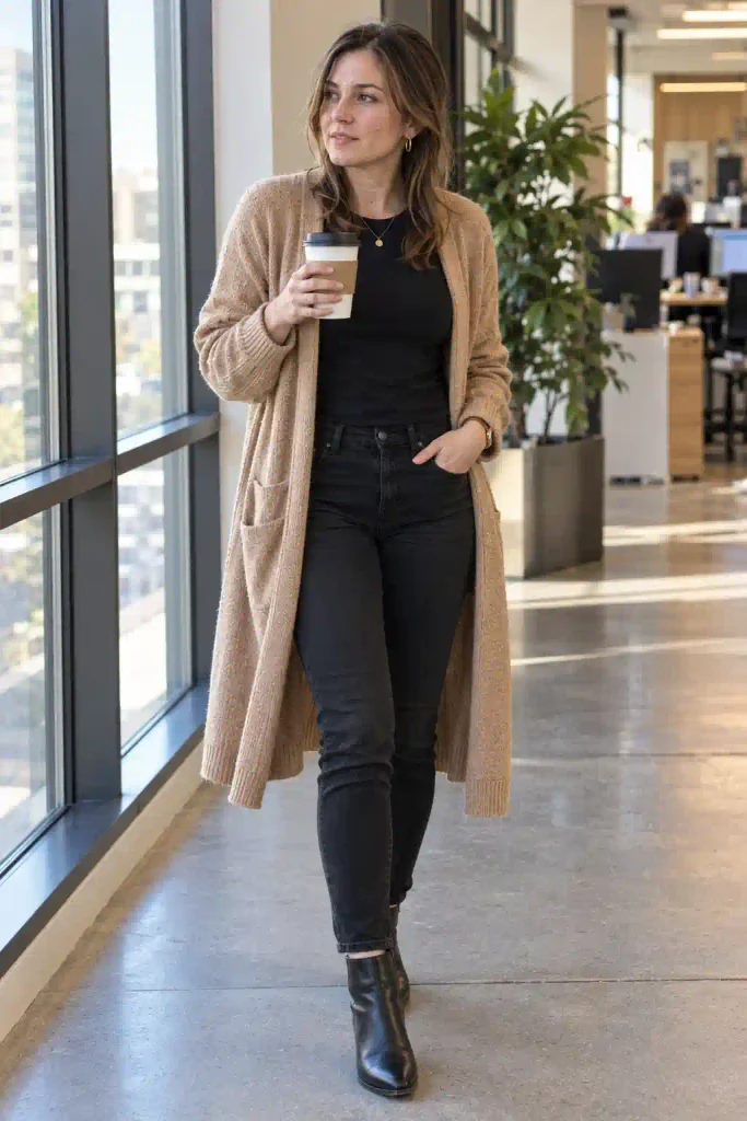 The camel longline cardigan with slim jeans