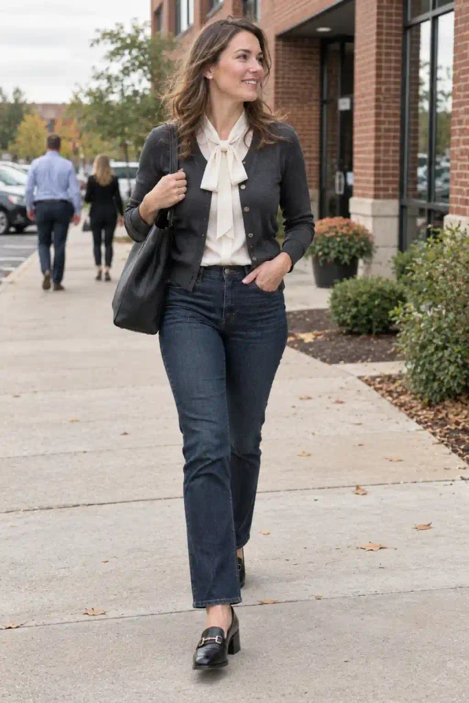 The cardigan and blouse layer