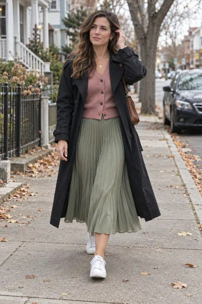 The cardigan and pleated midi skirt
