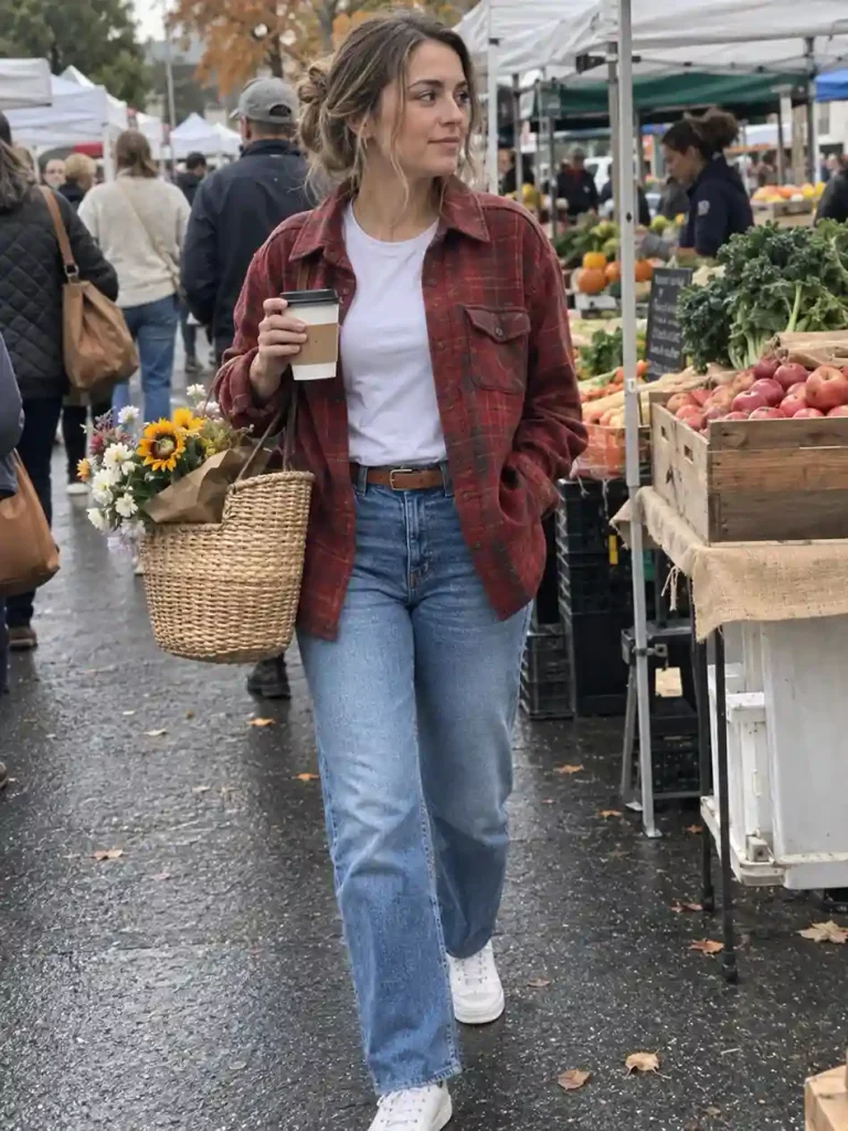 Woman in brick red shacket, white tee, straight jeans and sneakers.