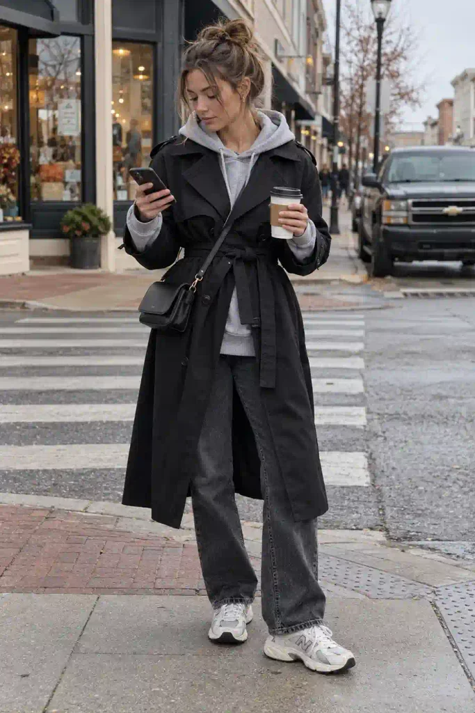 The gray hoodie under the trench