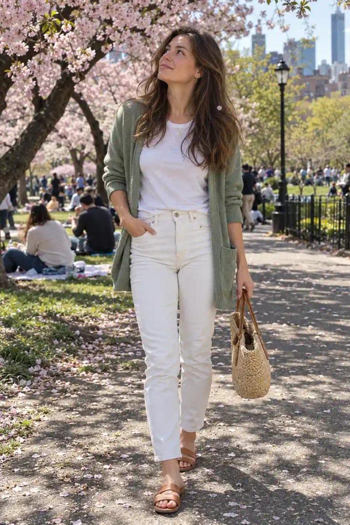 The pastel cardigan with white jeans