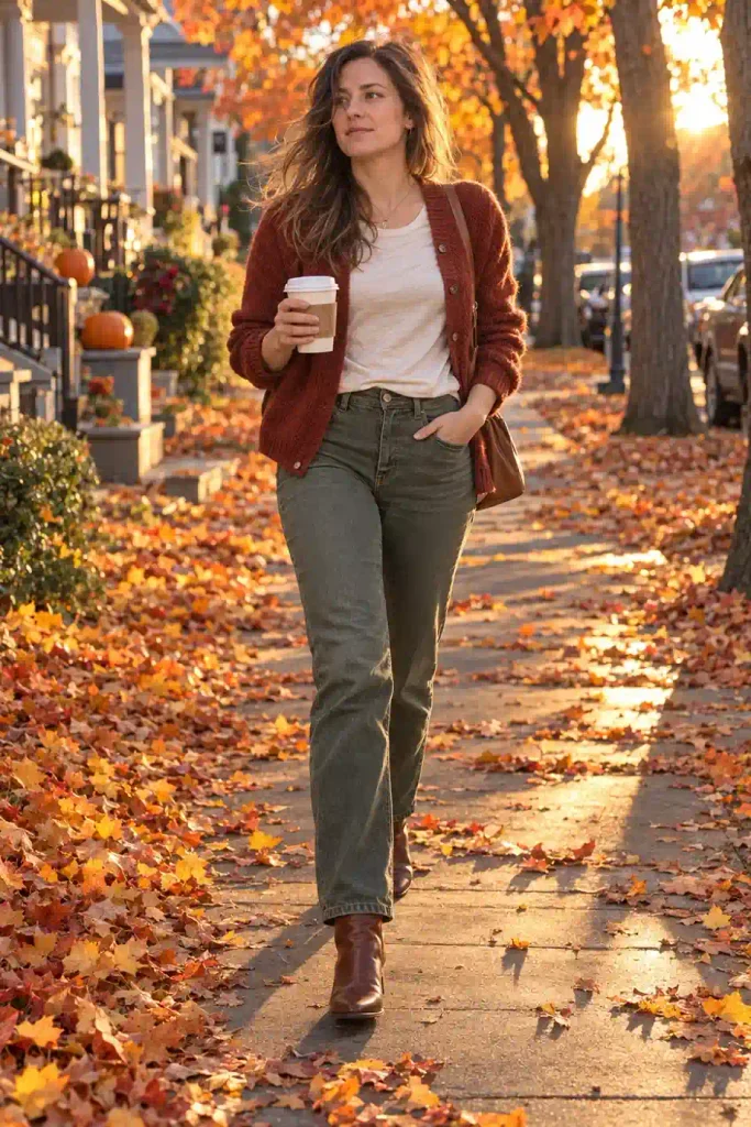 The rust cardigan with olive jeans