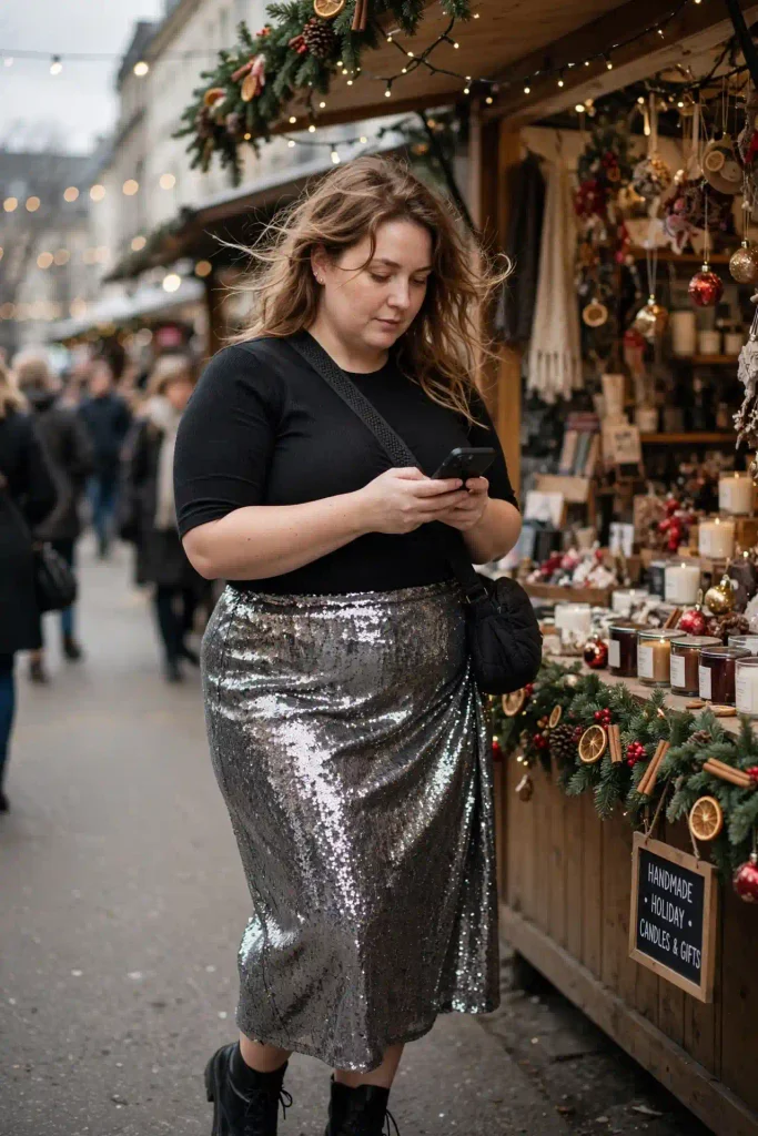 The sequin skirt with a plain top