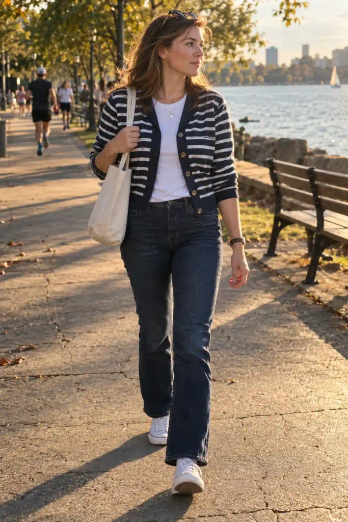 The striped cardigan with dark jeans