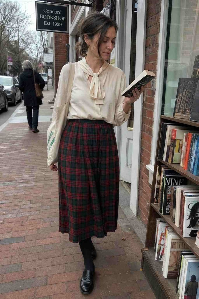 Tie-neck blouse with a plaid skirt