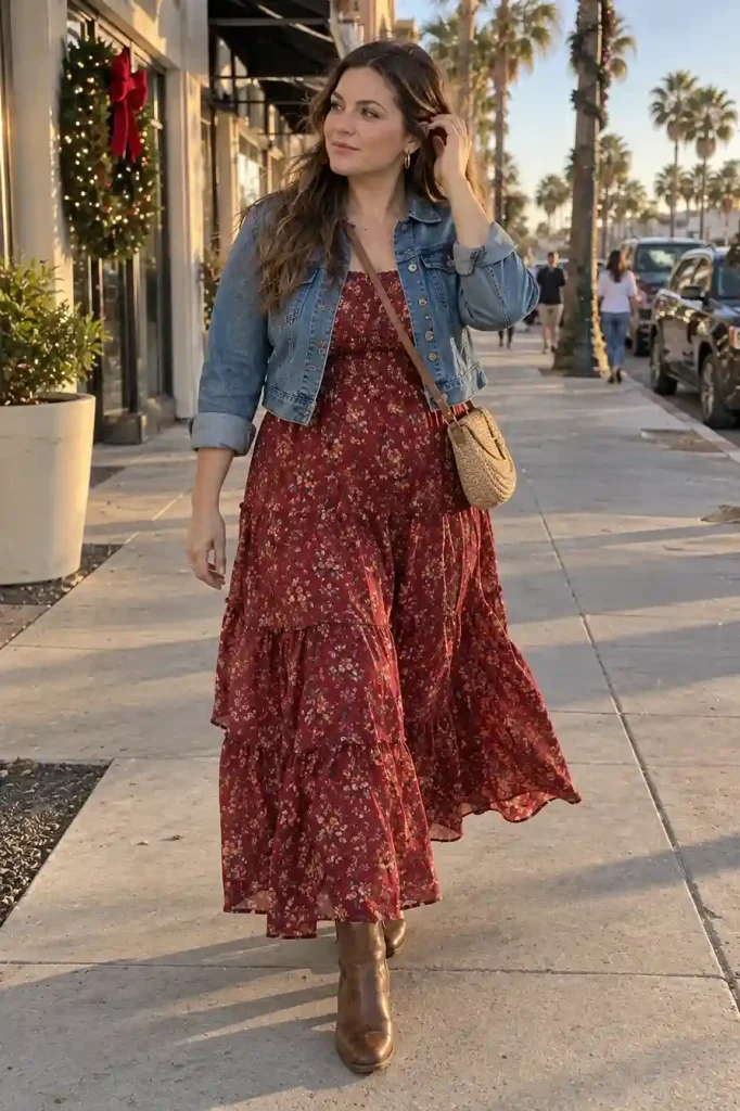 Tiered maxi dress with a denim jacket
