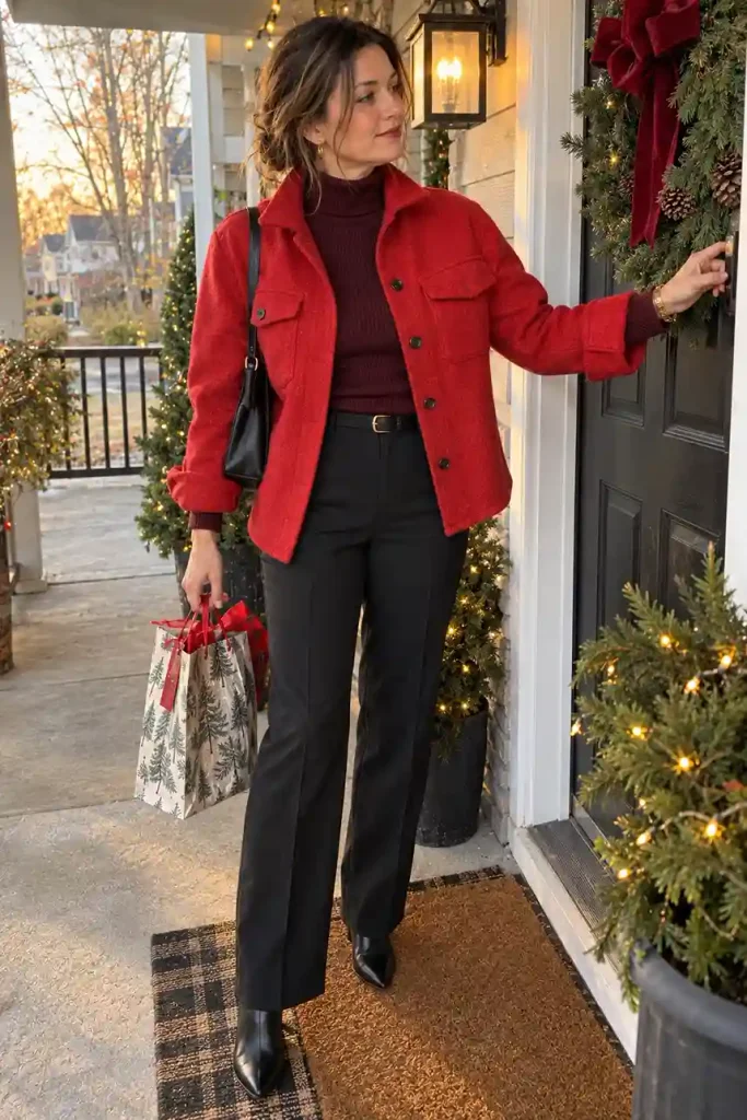 Tomato red shacket over wine knit with black trousers and boots.